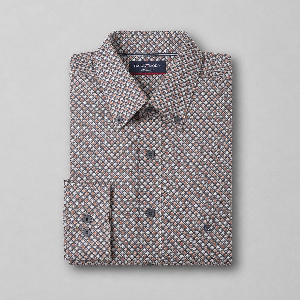 Casa Moda Men’s Geometric Print Long Sleeve Shirt – Beige/Navy/Muted Orange