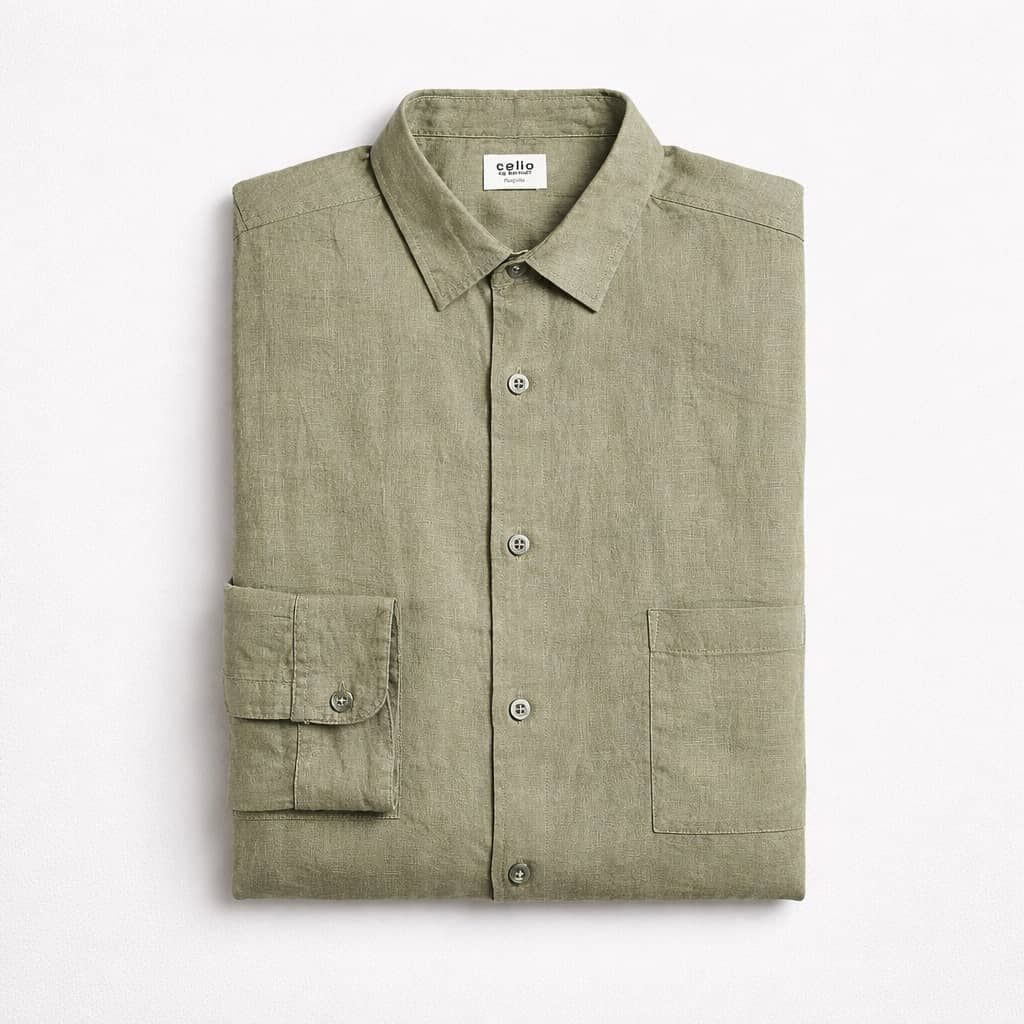 Celio Men's Long Sleeve Linen Shirt – Pale Olive Green