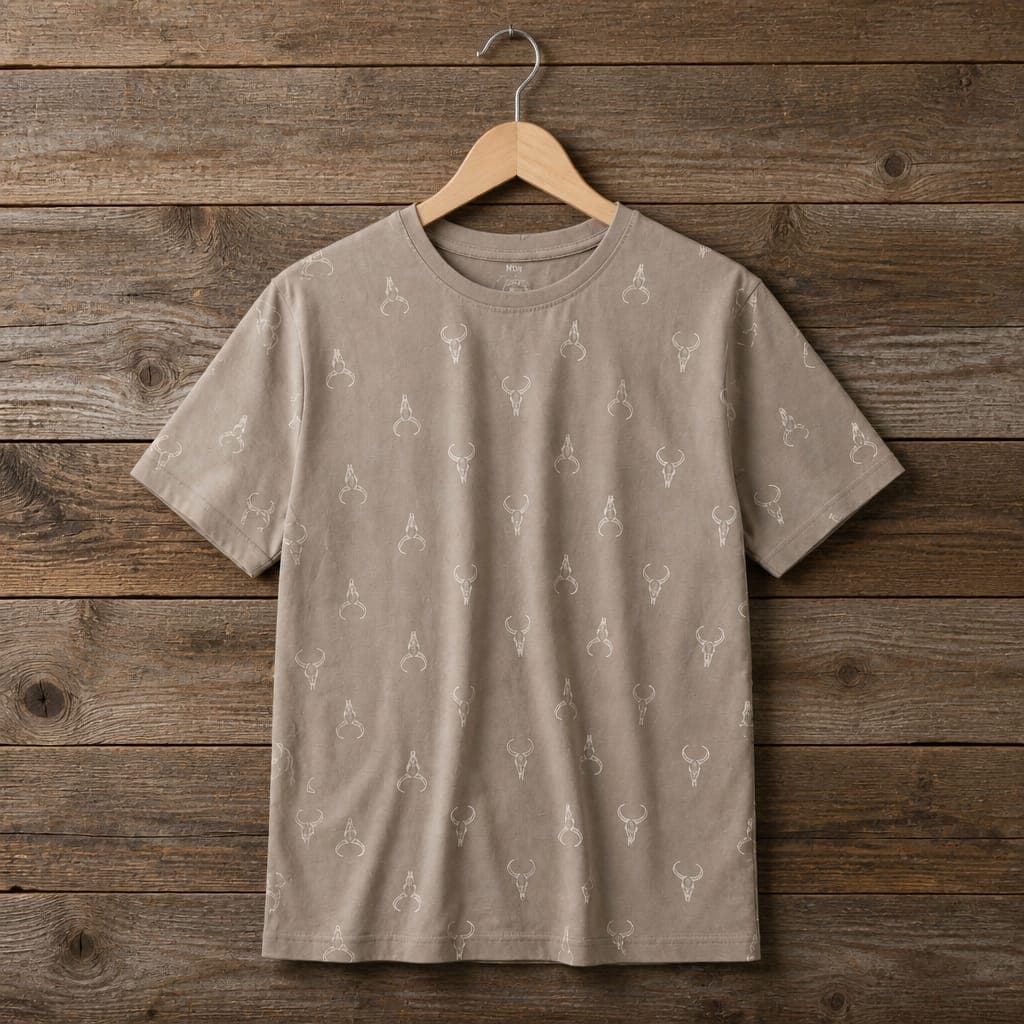 Men's All-Over Bull Skull Print Crew Neck Short Sleeve T-Shirt – Stone Beige