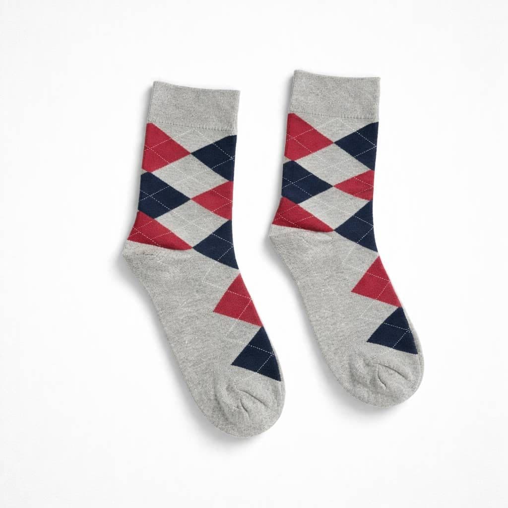 Men’s Argyle Crew Socks – Light Grey/Red/Navy Blue