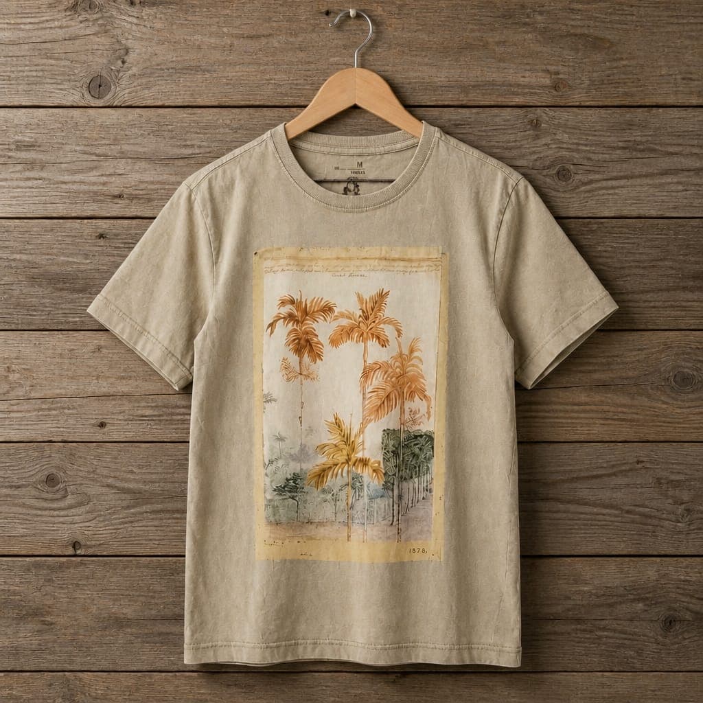 Men’s Artistic Style Vintage Palm Illustration Graphic T-Shirt – Beige