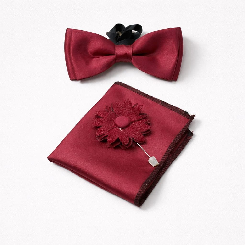 Men’s Bow Tie Set, Pocket Square & Floral Lapel Pin – Burgundy