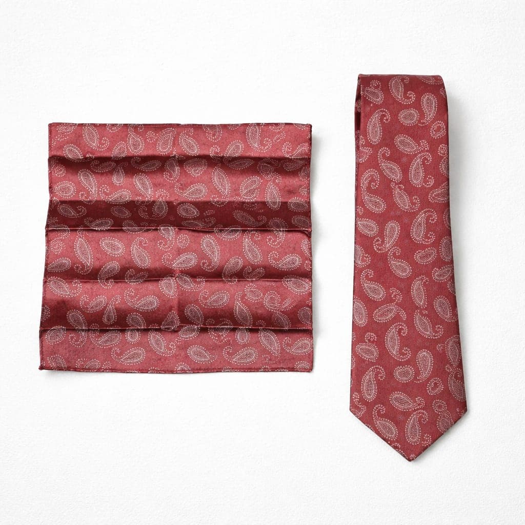 Men’s Classic Paisley Tie & Pocket Square Set – Rose Red/White