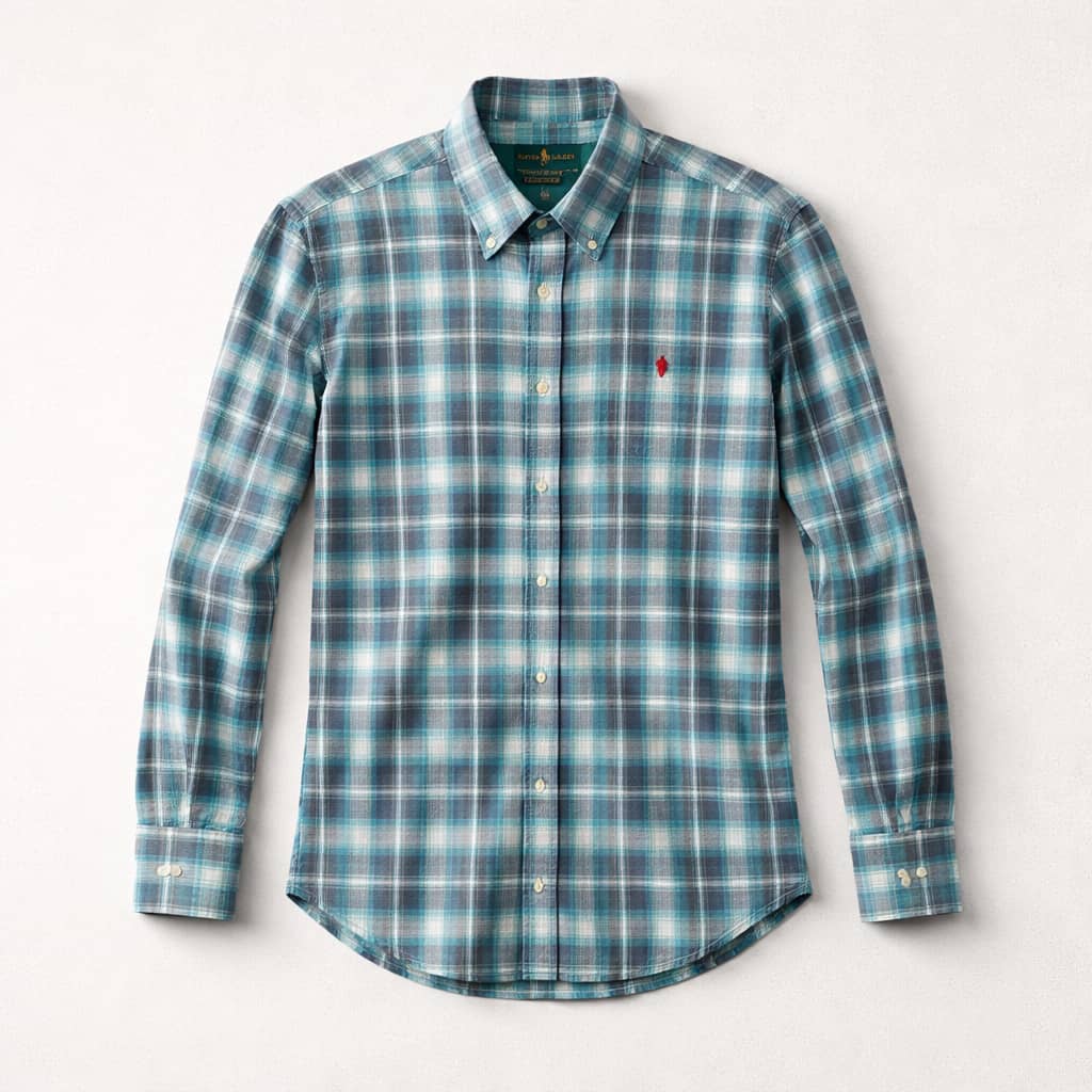 Men's Classic Plaid Poplin Embroidered Long Sleeve Shirt – Torquise/Navy Blue/White
