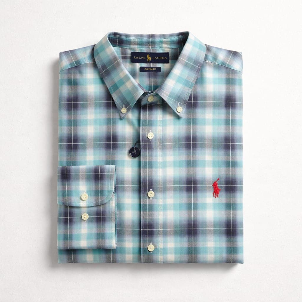 Men's Classic Plaid Poplin Embroidered Long Sleeve Shirt – Torquise/Navy Blue/White