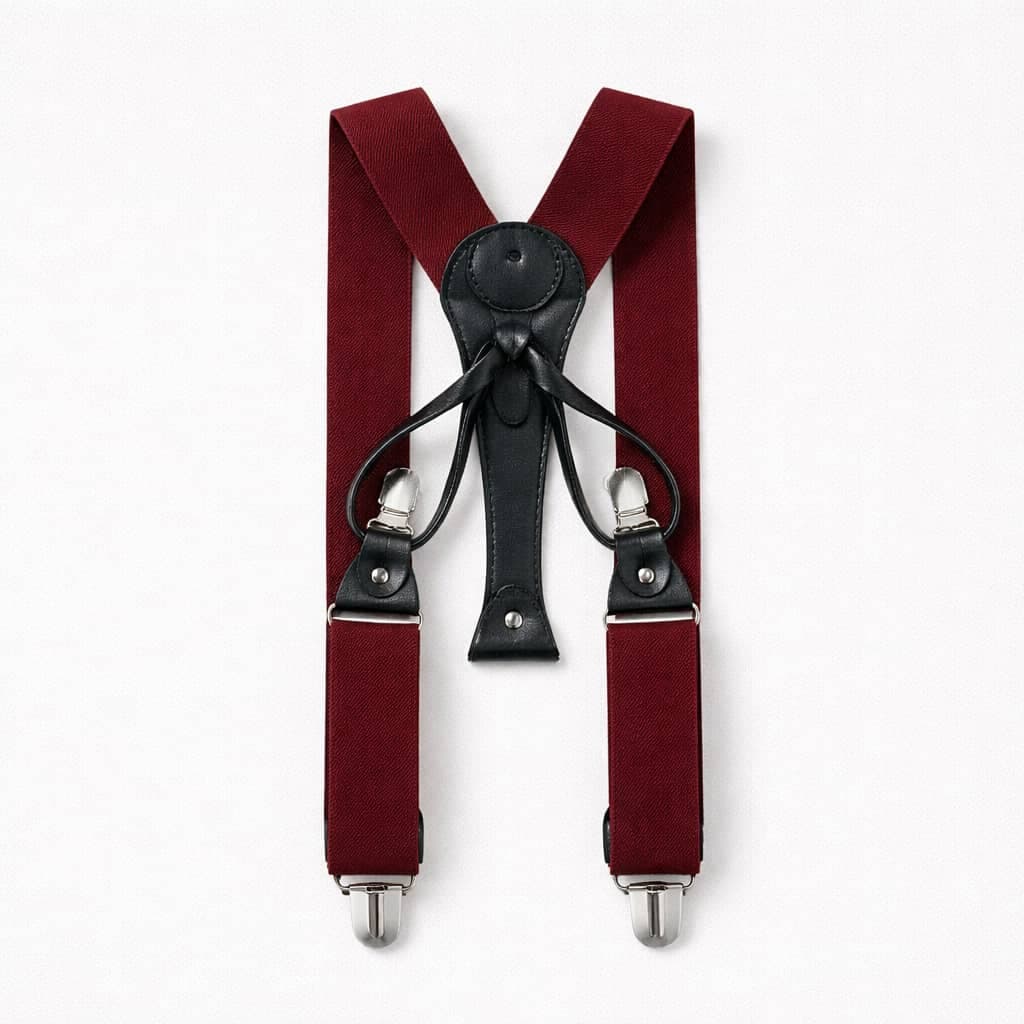 Men’s Elastic Clip Suspenders With Leather Y-Back – Burgundy