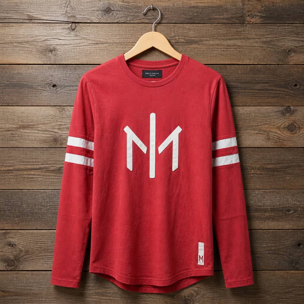 Men's Long Sleeve Crew Neck Graphic T-Shirt with Contrast Sleeve Stripes – Red / White