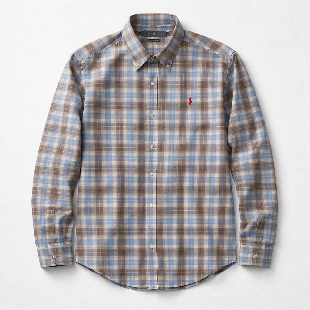 Men's Long Sleeve Multicolored Plaid Shirt – Blue/Brown/White