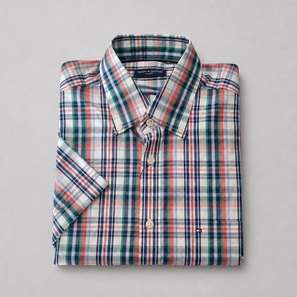 Men’s Multicolor Plaid Short Sleeve Shirt – Red/Navy blue/ Green