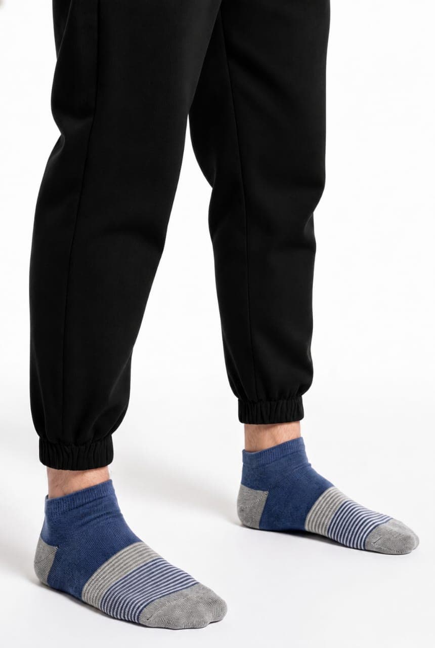 Men’s Navy Blue Ankle Socks with Grey Contrast & Striped Detail
