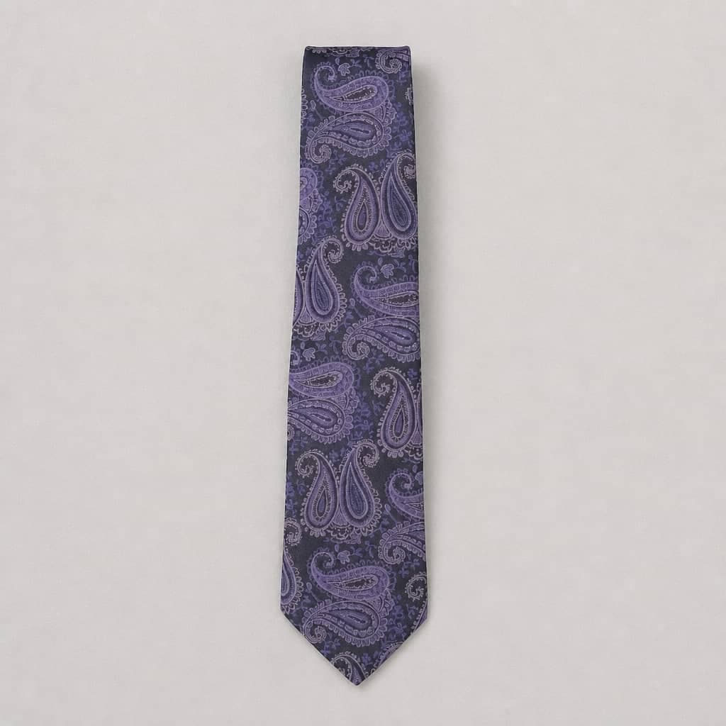 Men's Paisley Neck Tie with Matching Pocket Square – Deep Navy Blue/ Lilac Purple/Purple