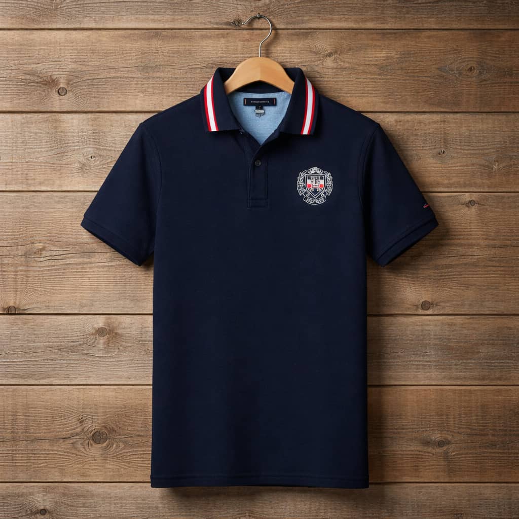 Men's Contrast Collar Crest Logo Polo Shirt – Navy Blue