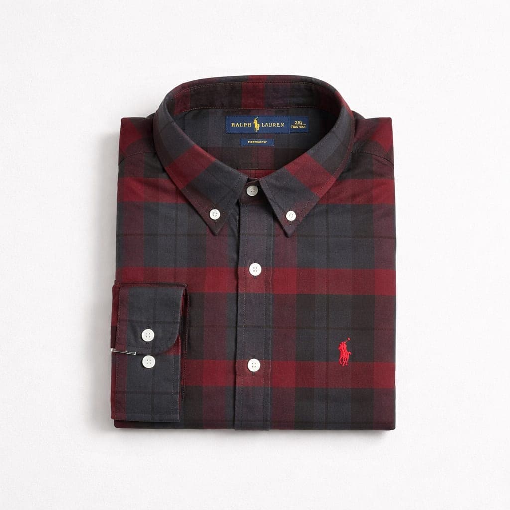 Men’s Premium Plaid Embroidered Long Sleeve Shirt – Red/Black