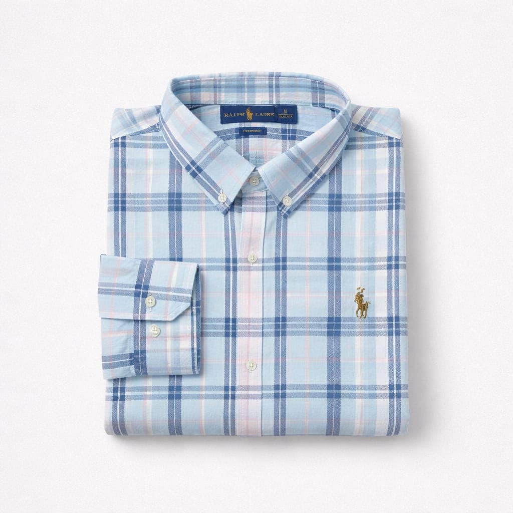 Men's Premium Plaid Oxford Embroidered Long Sleeve Shirt – Light Blue