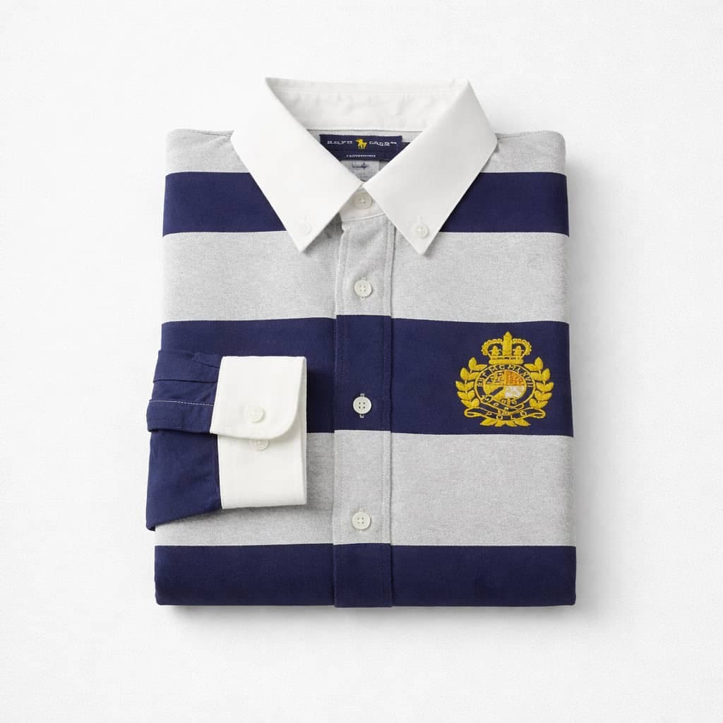 Men's Premium Striped Crested Oxford Long Sleeve Shirt – Navy Blue / Ash