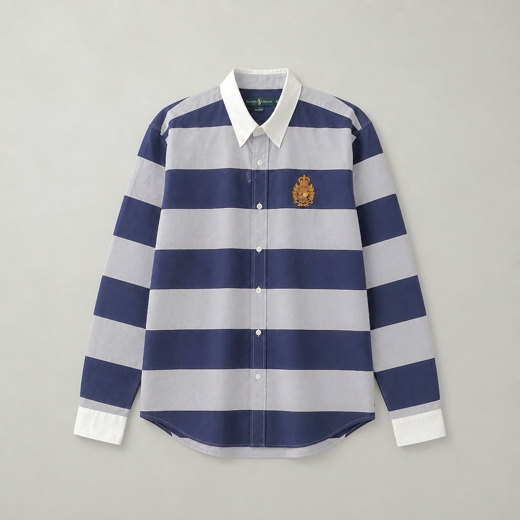 Men's Premium Striped Crested Oxford Long Sleeve Shirt – Navy Blue / Ash