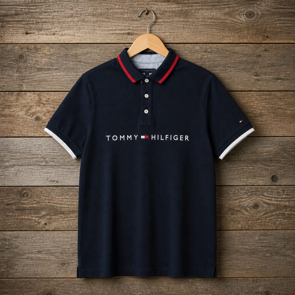 Men's Contrast Collar Signature Embroidered Logo Polo Shirt – Navy Blue