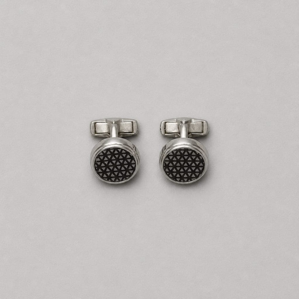 Men’s Silver-Tone Round Geometric Cufflinks – Silver / Black Accent