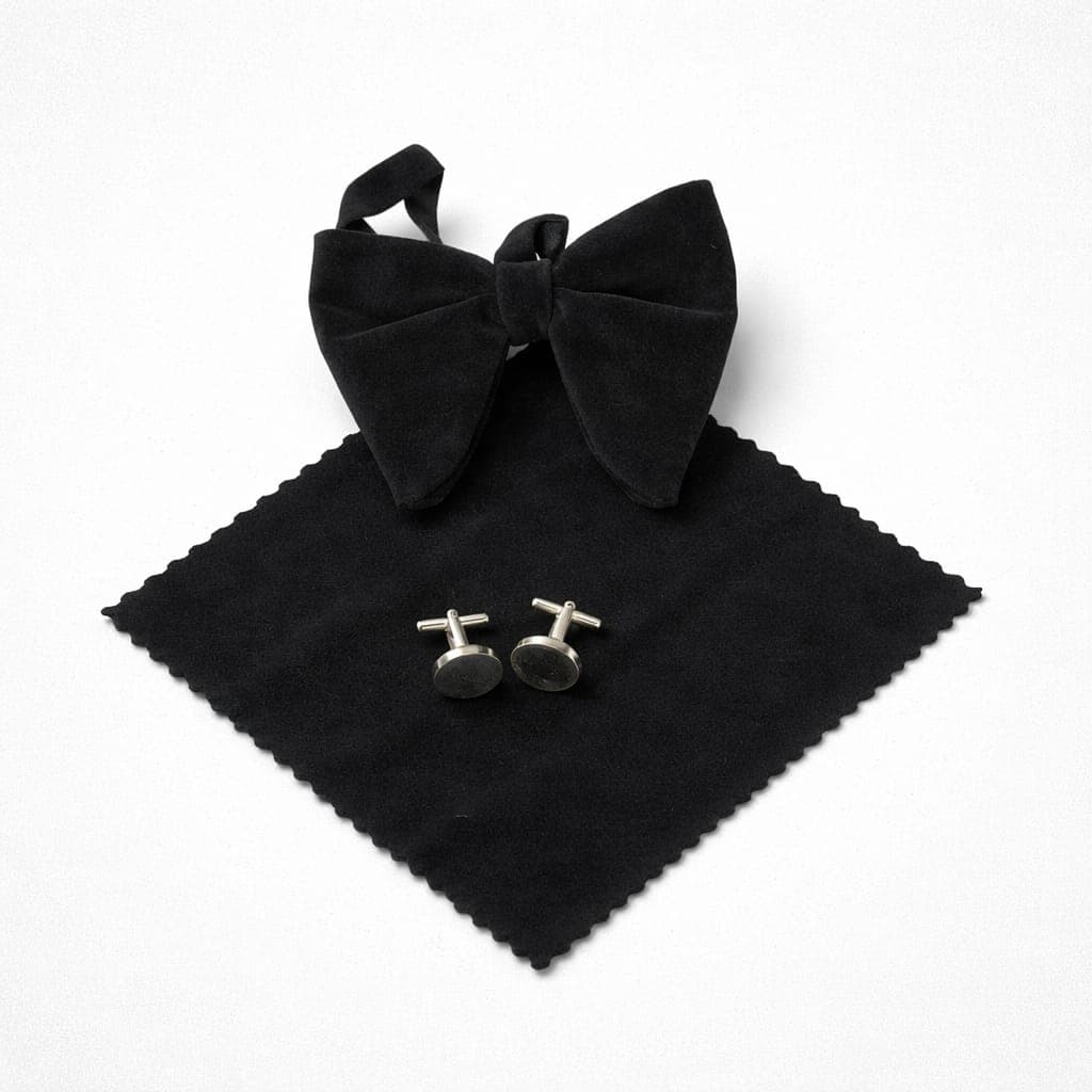Men’s Suede Butterfly Bow Tie Set, Pocket Square & Cufflinks – Black