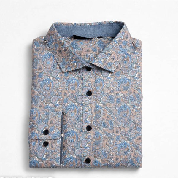 Bpc Mens Multi Tonal Paisley Print Long Sleeve Dress Shirt Blue Beige