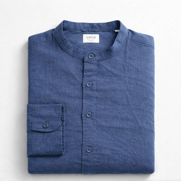 Celio Men’s Band Collar Linen Long Sleeve Shirt – Blue — image 1