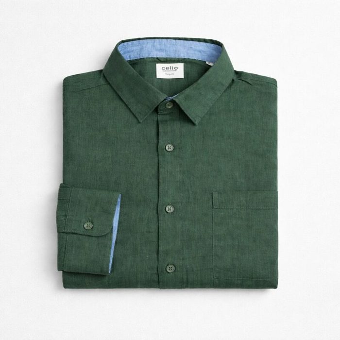 Celio Men’s Linen Contrast Long Sleeve / Roll-Up Sleeve Tab Shirt – Dark Green — image 1