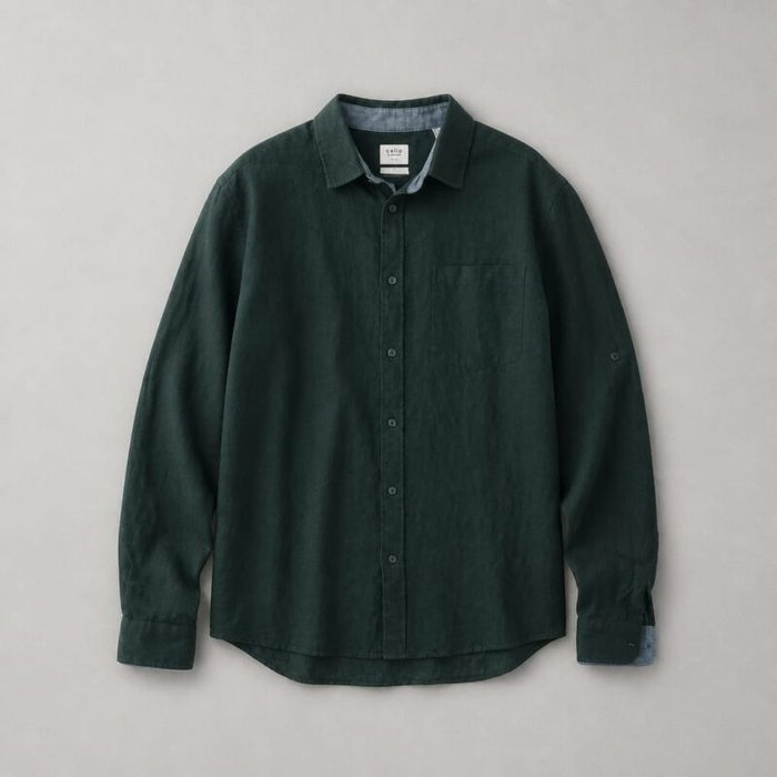Celio Men’s Linen Contrast Long Sleeve / Roll-Up Sleeve Tab Shirt – Dark Green