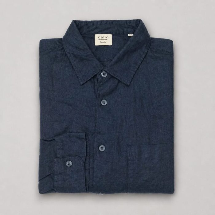 Celio Men’s Linen Long Sleeve Shirt – Dark Indigo Blue — image 1