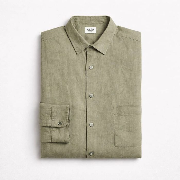 Celio Men’s Long Sleeve Linen Shirt – Pale Olive Green — image 1
