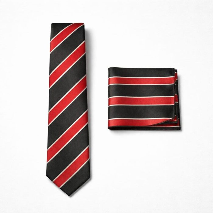 Classic Striped Tie & Pocket Square Set For Men – Black & Red