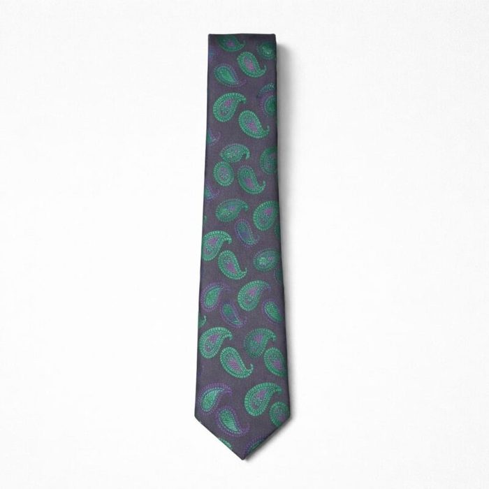 Elegant Purple Paisley Tie & Pocket Square Set With Green Detailing For Men — image 1