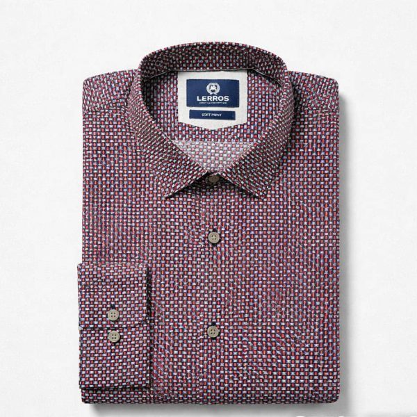 Lerros Men’s Micro Geometric Print Multi-Color Long Sleeve Dress Shirt – Red/Navy/White — image 1