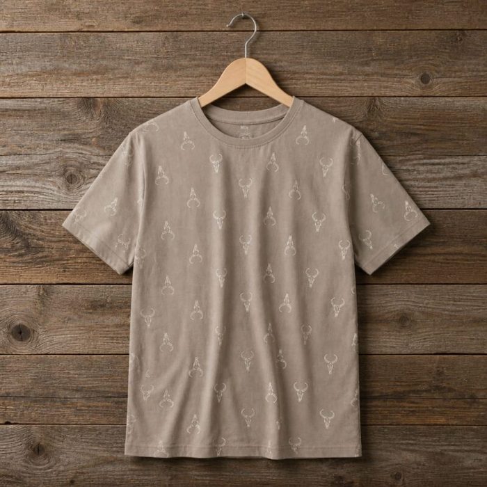 Men’s All-Over Bull Skull Print Crew Neck Short Sleeve T-Shirt – Stone Beige — image 1