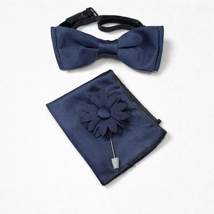 Men’s Bow Tie, Pocket Square & Lapel Flower Set – Navy Blue — image 1
