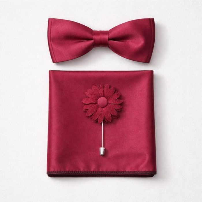 Men’s Bow Tie Set, Pocket Square & Floral Lapel Pin – Burgundy