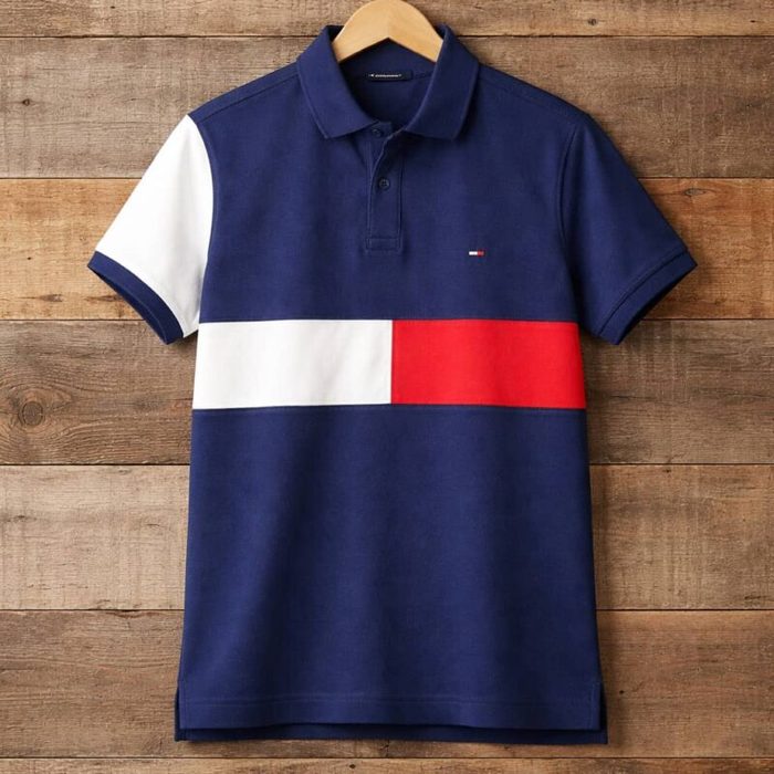 Men’s Classic Color Block Polo Shirt – Navy Blue/White/Red — image 1