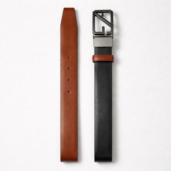Men’s Classic Dual Tone Geometric Buckle Leather Belt – Black/Brown — image 1
