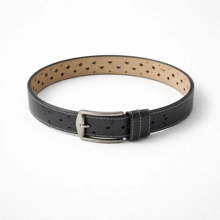 Men’s Classic Perforated Double Keeper Leather Buckle Belt – Black