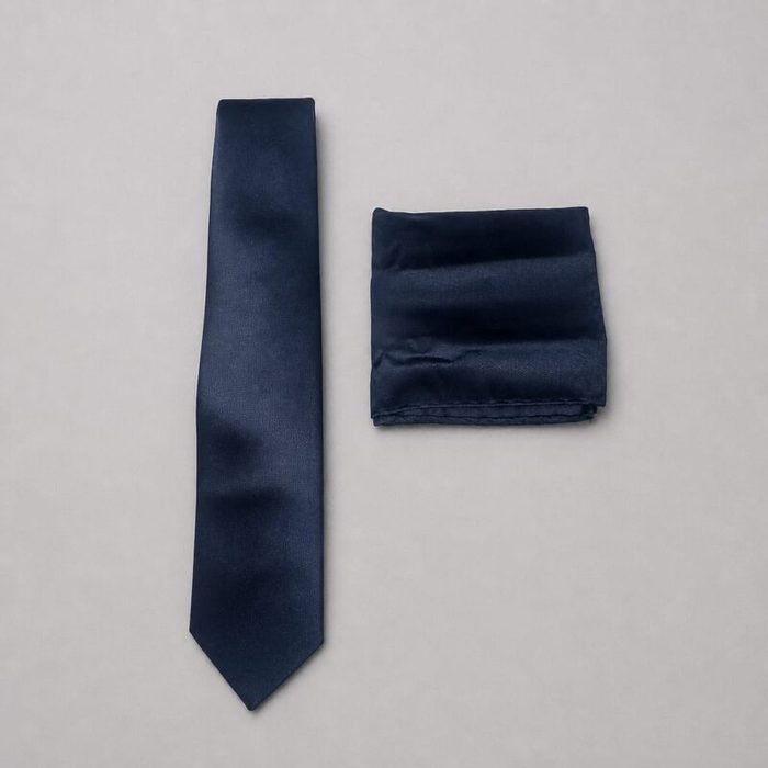 Men’s Classic Solid Tie with Pocket Square – Navy Blue