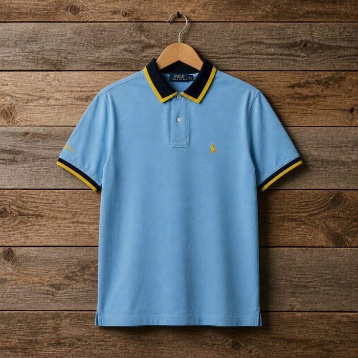 Men’s Contrast Collar Embroidered Polo Shirt – Sky Blue — image 1