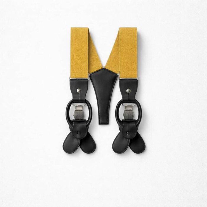 Men’s Elastic Button Leather Tabs /Ring Hardware Suspenders – Mustard Yellow — image 1