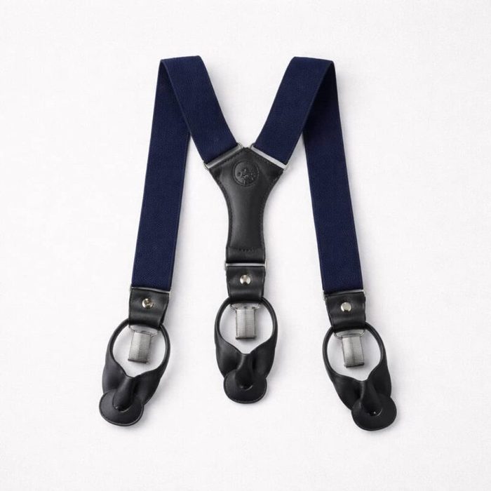 Men’s Elastic Button Leather Tabs /Ring Hardware Suspenders – Navy Blue — image 1