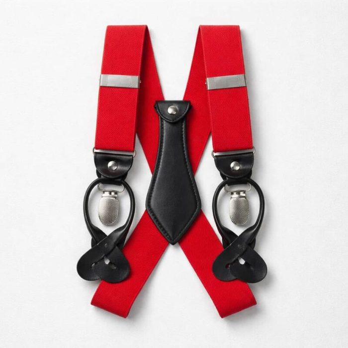 Men’s Elastic Clip-On Leather Y-Back / Metal Hardware Suspenders – Red — image 1