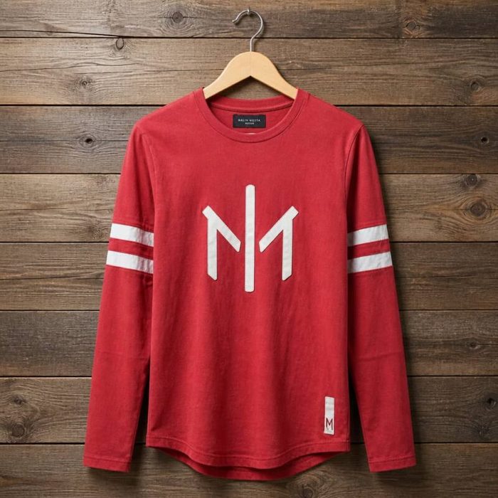 Men’s Long Sleeve Crew Neck Graphic T-Shirt with Contrast Sleeve Stripes – Red / White — image 1