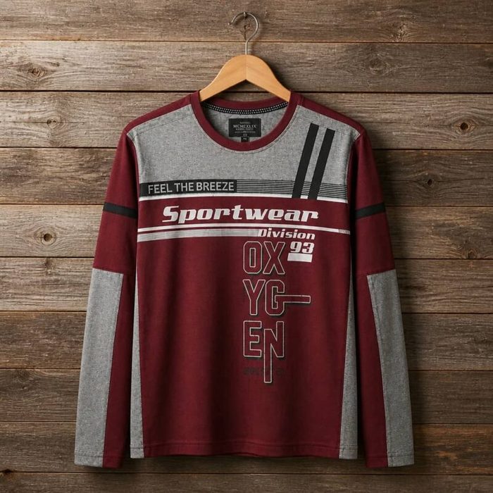Men’s Long Sleeve Graphic Colour Block Crew Neck T-Shirt – Burgundy / Grey — image 1