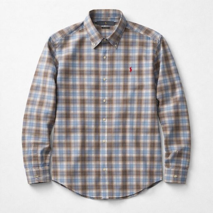 Men’s Long Sleeve Multicolored Plaid Shirt – Blue/Brown/White