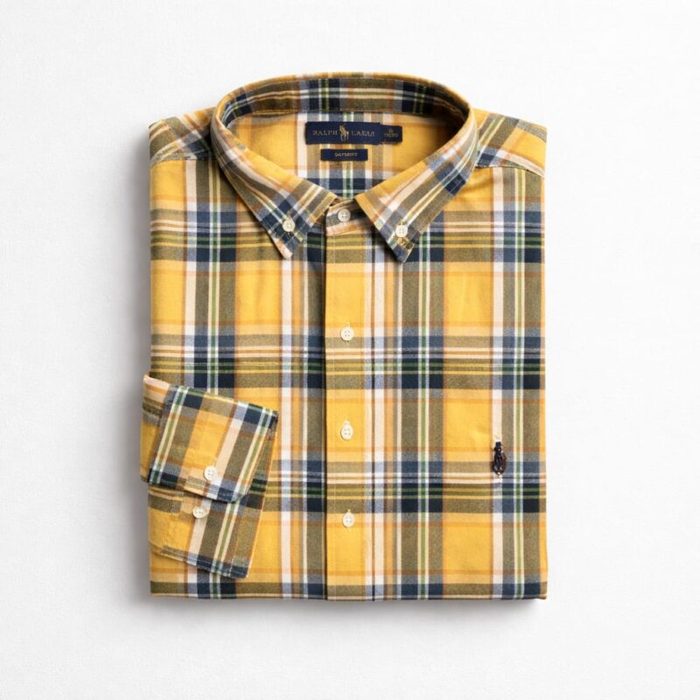 Men’s Premium Plaid Long Sleeve Shirt – Mustard/Navy — image 1