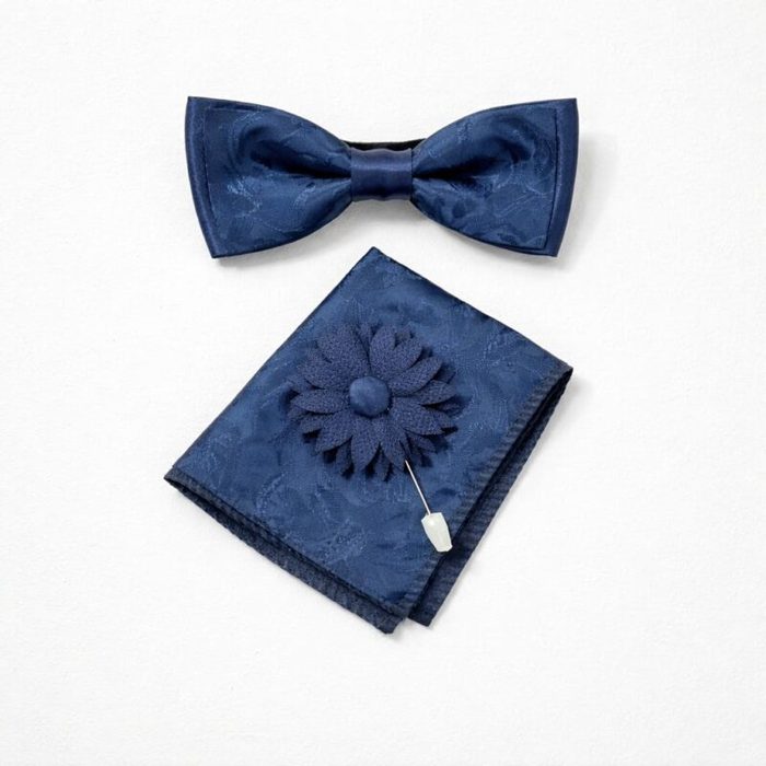 Men’s Paisley Bow Tie, Pocket Square & Lapel Flower Set – Navy Blue — image 1