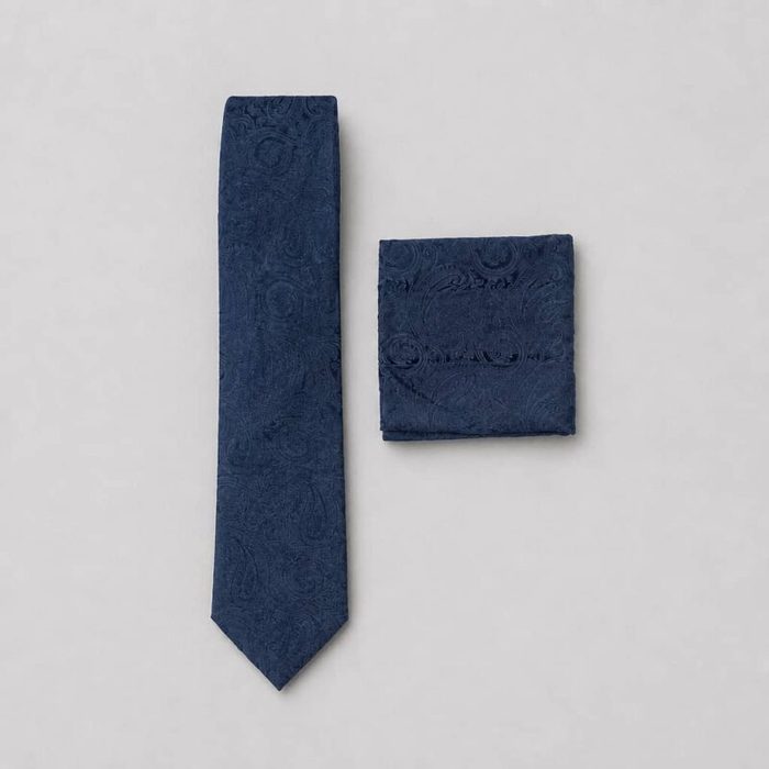 Men’s Paisley Neck Tie with Matching Pocket Square – Navy Blue