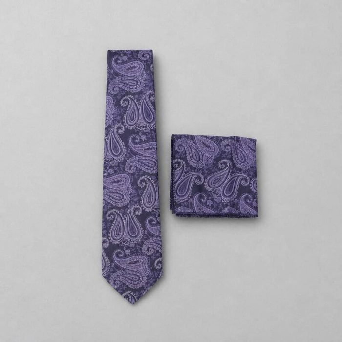 Men’s Paisley Neck Tie with Matching Pocket Square – Deep Navy Blue/ Lilac Purple/Purple